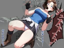 1girl absurdres black_gloves black_skirt blue_eyes blue_tube_top blush boots breasts brown_boots brown_hair cameltoe clothes_around_waist commentary_request commission fingerless_gloves gloves highres jill_valentine lying medium_breasts miniskirt on_back panties pixiv_commission resident_evil resident_evil_3:_nemesis sho2 skirt strapless sweater sweater_around_waist tentacle_in_mouth tentacle_sex tentacles translation_request trembling tube_top underwear variant_set white_panties