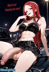 abs ai_generated big_balls big_penis black_lipstick brown_eyes car cars choker cross_necklace exhibitionism finger_in_mouth forehead futa_only futadom_caption futanari goth goth_futa goth_girl goth_makeup gothic huge_cock moonlightfuta night original_character outdoor_nudity outdoors outside partially_clothed public public_exposure public_indecency public_nudity red_hair sitting sitting_on_car skirt solo solo_focus solo_futa text