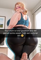 ai_generated ass back_view bbw big_ass big_butt blonde_hair blue_leggings blue_legwear blue_yoga_pants chubby chubby_female civitai cyan_shirt cyan_sweater daballsman dialogue english_text fat fat_ass fat_female female gigantic_ass glasses huge_ass katie_(daballsman) leggings male male/female malesub mall mature_female milf mirror_selfie mom_swap mommy mummy nerdy nerdy_milf nerdy_mom older_female overweight overweight_female presenting_hindquarters shirt showing_off snapchat son_swap swapping_moms sweater tagme text texting wearing_glasses wide_hips yoga_pants younger_male