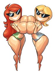 big_breasts bikini blonde_hair breast_frottage disney female group knick_knack large_hips long_hair navel noonun pixar red_hair short_hair smiling sunglasses sunny_persona symmetrical_docking thin_waist topless wide_hips yuri