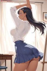 1girl ai_generated arms_up ass black_hair blue_skirt breasts brown_eyes classroom curtains dark_skin earrings hair_ornament hairclip hayase_nagatoro hi_res high_quality high_resolution indoors jewelry kiraamane large_breasts long_hair patreon pleated_skirt school_uniform seductive see-through_silhouette sexy shirt skirt sleeves_rolled_up solo uncensored watermark white_shirt window