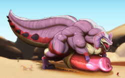 16:10 big_muscles big_penis bird_wyvern bodily_fluids capcom claws erection feral frill_(anatomy) genitals great_jaggi hi_res huge_muscles huge_penis hyper hyper_genitalia hyper_muscles hyper_penis macro male membrane_(anatomy) monster monster_hunter muscular open_mouth pecs penis scalie size_difference tail teeth tongue vein vezerem widescreen