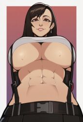abs ai_generated big_breasts dark_hair final_fantasy_vii final_fantasy_vii_remake from_below hereticus huge_breasts red_eyes tifa_lockhart underboob wide_hips wide_thighs
