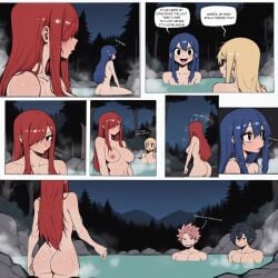 2boys 3girls black_hair blonde_hair breasts comic erza_scarlet fairy_tail gray_fullbuster hot_spring lucy_heartfilia natsu_dragneel night older_female petite_body pink_hair pubic_hair purple_hair red_hair small_breasts text wendy_marvell work_in_progress younger_female