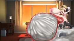 1futa 1futa1girl 1girls black_legwear blonde_hair blue_hair cum_everywhere cum_inflated_belly cum_inflation cumming_inside cynthia_(pokemon) dawn_(pokemon) excessive_cum futa_on_female hikari_(pokemon) huge_balls huge_breasts kawahagitei lactating pokemon shirona_(pokemon) small_dom_big_sub x-ray