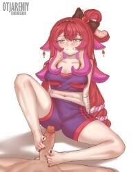 1boy1girl berrycrepe berrycrepe_(vtuber) black_nail_polish blushing_female earrings footjob gym_clothes octopus_girl otjareniy pale-skinned_female red_hair smug_smile