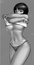 /ctt/ breasts console-tan female female_only greyscale large_breasts looking_at_viewer mario-grant monochrome no_bra panties ps4-tan short_hair standing t-shirt thighs underboob undressing