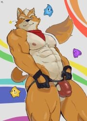 1boy 3others abs artist_name bara black_gloves bulge closed_mouth dated english_commentary fox_mccloud furry furry_male furzinart gloves highres jockstrap looking_at_viewer luma_(mario) male_focus male_underwear mario_(series) multiple_others muscular muscular_male navel neckerchief nipples no_pants no_shirt one_eye_closed pectorals red_male_underwear red_neckerchief smile star_(symbol) star_fox the_super_mario_galaxy_movie topless_male underwear