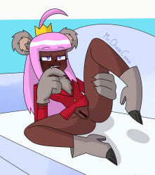 1girls ass biting_finger biting_own_finger bottomless bottomless_female butt cartoon_network chest_tuft cowlick crown dark-skinned_female dark_skin fangs female fur_tuft furry_paws hairless_pussy half-dressed half_naked half_naked_female high_heel_shoes high_heels koala_ears koala_princess_(ok_k.o.!_lbh) laying_on_couch legs_apart legs_open legs_spread long_hair looking_at_viewer mr._chase_comix no_panties ok_k.o.!_let's_be_heroes on_couch pink_hair princess pussy school_uniform solo solo_focus