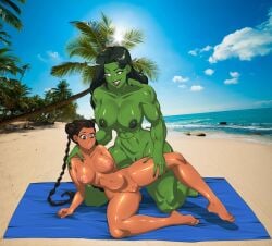 2girls anoneysnufftan anxious applying_sunscreen beach beach_towel black_hair braided_hair breasts curious dark_green_hair embarrassed embarrassed_nude_female female female_only glistening green_eyes green_skin hair_bun humiliation imminent_death jennifer_walters killer_lotion long_hair looking_down lotion marvel massage murder muscular_female nipples nude nude_beach oil oiled omiiverse pai_chan peril photo_background punishment pussy rubbing she-hulk shiny_skin size_difference snuff summer sunbathing sunscreen tan tanned tanned_female tanned_skin tanning towel virtua_fighter waiting