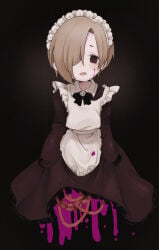 1girl absurdres apron black_bow black_bowtie blonde_hair blood blood_on_face blush bow bowtie brown_background brown_dress brown_eyes commentary_request dress frilled_apron frilled_dress frills guro hair_over_one_eye highres idolmaster idolmaster_cinderella_girls intestines long_sleeves maid maid_headdress no1shyv open_mouth shirasaka_koume short_hair sleeves_past_fingers sleeves_past_wrists solo white_apron