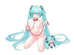 1girl absurdres aqua_eyes aqua_hair belt_collar breasts chinese_commentary collar collarbone commentary_request completely_nude full_body fuwapuchi hatsune_miku headset highres holding holding_leash kneeling leash long_hair looking_at_viewer navel nipples nude shoulder_tattoo small_breasts solo stuffed_toy tattoo tongue tongue_out twintails vocaloid yunibobo