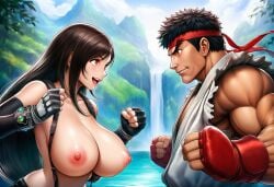 ai_generated crossover final_fantasy final_fantasy_vii final_fantasy_vii_rebirth final_fantasy_vii_remake huge_breasts master_and_student ryu_(street_fighter) sparring street_fighter street_fighter_6 tifa_lockhart waterfall
