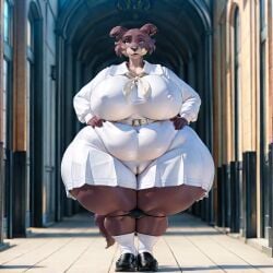 ai_generated black_panties bottom_heavy hands_on_hips huge_breasts huge_hips huge_thighs juno_(beastars) panties_down solo white_dress