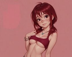 adorable ai_assisted ai_generated big_breasts cute cute_face firm_breasts freckles freckles_on_chest freckles_on_face girly medium_breasts petite petite_body ponytail red_eyes red_hair redhead round_breasts slender_waist soft_breasts twintails