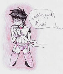 2013 blush_lines deviantart embarrassed fishnets flustered gag_around_neck gorillaz hand_cuffs murdoc_niccals pubic_hair small_penis sweating traditional_media_(artwork) very_gay