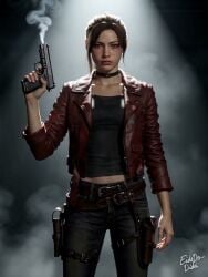 1girls ai_generated breasts brown_hair claire_redfield dialogue eidedodidei female flashing flashing_breasts holster jacket large_breasts nipples pistol resident_evil resident_evil_code_veronica self_upload shirt shirt_lift shorter_than_30_seconds smile smoke solo sound tagme video voice