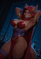 ai_assisted ai_generated animal anthro armlet aroused bandages bedroom behind blue blue_eyes breasts brown_fur cape chaotic city city_background corset curtain cute ears eyes facing_viewer female fluffy fur furry hands head holdsteady hood horny kinnianne large large_breasts loincloth looking_at_viewer night nose patreon patreon_username pauldrons perfect_body purple red seductive sexy smile socks standing tagme tail tiara tuft voluptuous window