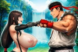 ai_generated crossover final_fantasy final_fantasy_vii final_fantasy_vii_rebirth final_fantasy_vii_remake fist_bump fistbump forest huge_breasts large_breasts master_and_student ryu_(street_fighter) sensei street_fighter street_fighter_6 teacher_and_student tifa_lockhart waterfall welcoming