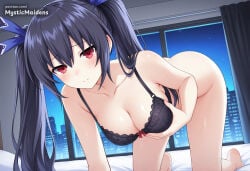 1girl ai_generated all_fours anime anime_style ass bare_shoulders black_bra black_hair blush bottomless bra breasts choujigen_game_neptune cleavage closed_mouth collarbone fanbox_username hair_between_eyes hair_ornament hair_ribbon hentai hi_res hyperdimension_neptunia indoors long_hair looking_at_viewer medium_breasts mystic_maidens neptune_(series) neptunia_(series) night noire noire_(neptunia) on_bed patreon patreon_username red_eyes ribbon solo twintails underwear underwear_only very_long_hair web_address window