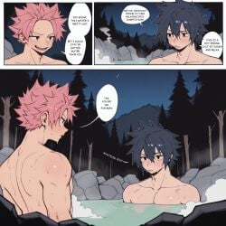 2boys 3girls black_hair blonde_hair breasts comic erza_scarlet fairy_tail gray_fullbuster hot_spring lucy_heartfilia natsu_dragneel night older_female petite_body pink_hair pubic_hair purple_hair red_hair small_breasts text wendy_marvell work_in_progress younger_female