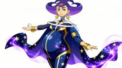 ai_generated dark-skinned_female gym_leader olympia_(pokemon) pokemon pokemon_xy pregnant pregnant_belly pregnant_female pregnant_focus purple_hair purple_hair_female solo solo_female solo_focus