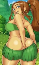 1girls aged_up ai_generated brown_hair cartoon_network digging_up_in_they_ass female fusionfall grass_skirt hand_in_ass hand_in_butt hoop_earrings lu_(mike_lu_and_og) mike_lu_and_og outdoors ponytail solo solo_female teal_eyes
