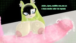 3d_(artwork) big_balls big_breasts big_penis curvy_figure ear_piercing green_skin muscular_legs on_bed sega sex straight surge_the_tenrec tail thick_thighs