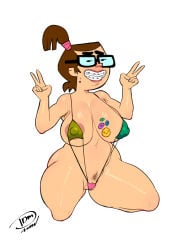 2d armpit_hair beth_(tdi) bracelet brown_hair busty darkdm female female_focus female_only glasses hourglass_figure kneeling long_hair pinup pinup_pose ponytail pubes pubic_hair smile tagme total_drama_island wide_hips