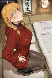 1girl ai_generated black_footwear blonde_hair blush boots braid breasts friendship_is_magic gabby_(mlp) hi_res high_quality high_resolution hood hood_down hoodie jacket long_hair looking_at_viewer pantyhose paper patreon red_eyes savvyraexo seductive sexy solo tatami uncensored watermark