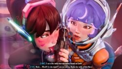1boy 2girls 3d blush caption cum d.va dark-skinned_male dark_skin english_text female interracial juno_(overwatch) leaking_precum licking_penis light-skinned_female light_skin male oral oral_sex overwatch penis text uniofalltrades