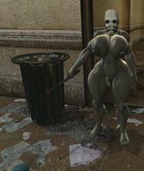 1girl big_breasts grey_body half-life_(series) half-life_2 helmet holding_object hyper metrocop nude nude_female puffy_pussy thatanonman2 trash_can