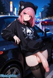 ai_generated bangs big_balls big_penis blue_eyes bottomless cap car cars cat_ears choker cute_fang cute_fangs exhibitionism futa_only futanari goth goth_futa goth_girl goth_makeup gothic hat hoodie huge_cock leaning_on_car medium_hair moonlightfuta night original_character outdoor_nudity outdoors outside partially_clothed pink_hair public public_exposure public_indecency public_nudity solo solo_focus solo_futa thighhighs