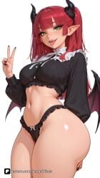 1girl ai_generated artist_name bangs black_horns black_nails black_panties black_shirt blunt_bangs blush breasts cosplay cowboy_shot crop_top demon_girl demon_horns demon_wings fangs frilled_panties frills green_eyes hand_up horns kitagawa_marin large_breasts long_hair long_sleeves looking_at_viewer marin_kitagawa medium_breasts my_dress_up_darling nail_polish navel no_pants open_mouth panties patreon pointy_ears questionable red_hair senpai_pixels sensitive shirt simple_background smile solo sono_bisque_doll_wa_koi_wo_suru stomach teeth thighs tongue tongue_out two_side_up underwear v white_background wings