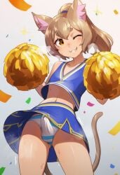 1boy ai_generated animal_ears cat_ears cat_tail cheerleader cheerleader_uniform crossdressing cum felix_argyle femboy male_focus naticai panties penis ponytail precum precum_drip re:zero_kara_hajimeru_isekai_seikatsu short_brown_hair trap yellow_eyes