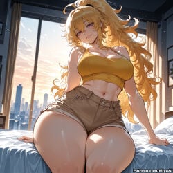 1girl ahoge ai_assisted ai_generated arm_support artist_name backlighting bangs bare_shoulders bed bed_sheet blonde_hair blush breasts cleavage collarbone curvaceous curvy curvy_female curvy_figure eyebrows_visible_through_hair female hair_between_eyes indoors large_breasts long_hair looking_at_viewer messy_hair midriff miyuai navel on_bed pillow purple_eyes rwby short_shorts shorts sitting smile solo thick thick_ass thick_butt thick_hips thick_legs thick_thighs thighs voluptuous voluptuous_female watermark wavy_hair web_address wide_hips wide_thighs window yang_xiao_long