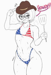1girls 2026 2d 2d_(artwork) 2d_artwork american_flag_bikini bikini blush blushing clio_aite cowboy_hat english english_text female female_focus female_only flat_chest freckles freckles_on_face glasses looking_at_viewer navel phase_connect phase_invaders phase_invaders_quest round_glasses scar scar_across_eye scar_on_face short_hair small_breasts small_waist solo solo_female solo_focus spatula sweat sweatdrop sweating sweaty takyon talking_to_viewer text thick_thighs thighs virtual_youtuber white_background