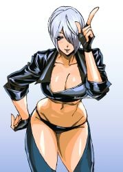 1girls angel_(kof) big_breasts blue_eyes king_of_fighters light-skinned_female light_skin pale-skinned_female pale_skin panties short_hair standing thick_thighs white_hair