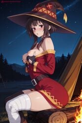 1girl ai_generated areolae artist_name bandaged_leg bandages bangs bare_shoulders belt black_belt black_collar black_gloves black_hair black_legwear blush breasts breasts_outside brown_hair cape choker collar dress eyebrows_visible_through_hair fingerless_gloves gloves hat hi_res high_quality high_resolution kiraamane kono_subarashii_sekai_ni_shukufuku_wo! looking_at_viewer megumin night nipples off_shoulder patreon patreon_username red_dress red_eyes seductive sexy short_dress short_hair short_hair_with_long_locks single_thighhigh sitting sky small_breasts solo star_(sky) starry_sky thighhighs uncensored watermark web_address witch_hat