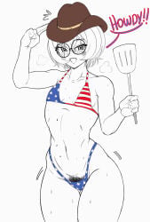 1girls 2026 2d 2d_(artwork) 2d_artwork american_flag_bikini bikini blush blushing clio_aite cowboy_hat english english_text female female_focus female_only flat_chest freckles freckles_on_face glasses looking_at_viewer navel phase_connect phase_invaders phase_invaders_quest pubes pubic_hair pubic_hair_peek round_glasses scar scar_across_eye scar_on_face short_hair small_breasts small_waist solo solo_female solo_focus spatula sweat sweatdrop sweating sweaty takyon talking_to_viewer text thick_thighs thighs virtual_youtuber white_background