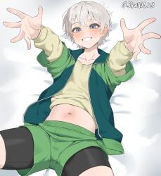 1boy androgynous artist_name bike_shorts bike_shorts_under_shorts blue_eyes blush commentary femboy g1_(artist) g1_(jjw00123) green_jacket green_shorts grey_hair grin jacket jjw00123 jjw1029 long_sleeves looking_at_viewer lying male male_focus male_only navel on_back on_bed outstretched_arms paid_reward_available shirt short_hair shorts smile stomach thighs totsuka_saika twitter_username yahari_ore_no_seishun_lovecome_wa_machigatteiru. yellow_shirt