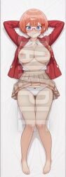 1girls ai_generated arms_up blue_eyes blush bokutachi_wa_benkyou_ga_dekinai breasts clothed clothing dakimakura embarrassed female full_body hi_res high_resolution highres large_breasts lying lying_on_back nipples ogata_rizu orange_hair panties patreon sleeplessnighty solo solo_focus tagme watermark