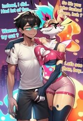ai_generated astriad_(cocky69) big_boobs big_breasts black_hair blue_eyes boobs breasts bulge bulge_grab bulge_through_clothing bulge_under_clothes cocky69 comic_page crop_top demon_girl english_text female fit fit_body fit_male fox_ears fox_girl helluva_boss hi_res male male/female queen_bee-lzebub_(helluva_boss) sexy sexy_body sexy_female shirt shorts text