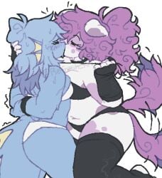 anglerfish_humanoid black_bra black_eyes black_panties black_wear dog_ears dog_girl dog_tail fish hands_behind_back holding_collar kissing kissing_mouth pulling_collar refresh_rm wagging_tail white_bra white_panties