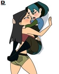 against_wall asian black_hair blue_hair carrying_partner cartoon_network deemlyart emo enemies_to_lovers enemies_with_benefits french_kiss gwen_(tdi) heather_(tdi) kissing teenager total_drama_island yuri