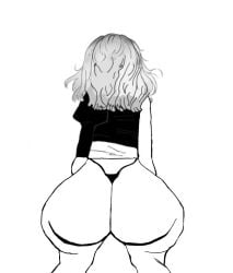 1girl big_butt big_butt_(female) big_thighs black_jacket black_thong blind_girl edit edited emily_(resident_evil_9:_requiem) giant_ass grey_hair no_color one_sleeve pale-skinned_female resident_evil resident_evil_9:_requiem short_hair shortstack thong white_dress