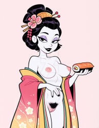 ai_generated bedroom_eyes big_breasts female female_only food japanese_clothes japanese_clothing japanese_female japanese_hairstyle kimono nipples open_clothes open_clothing open_kimono pubic_hair pussy solo sultry_eyes sushi white_makeup