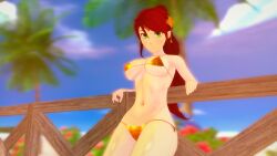 1girls bikini bikini_bottom bikini_top green_eyes half-dressed half_naked half_naked_female logang45 pyrrha_nikos rwby solo_female