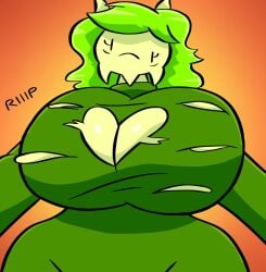 anthro arthropod asymmetrical_eyes boob_window breast_growth cleavage cleavage_cutout expansion female female_focus female_only green_body green_hair growth huge_ass huge_breasts louse simple_background solo spicyredacted spicysierra surprised surprised_expression tearing_clothes torn_clothing torn_shirt torn_sweater