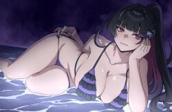 1girls bare_legs bare_shoulders bare_thighs big_ass bikini black_hair cleavage daydarion dayyo_(daydarion/day-chan) hi_res highres hips laying_on_side legs looking_at_viewer meloco_kyoran nijisanji nijisanji_en ponytail posing purple_eyes purple_hair seductive_look solo solo_female solo_focus swimsuit swimwear thighs three-tone_hair violet_hair virtual_youtuber water